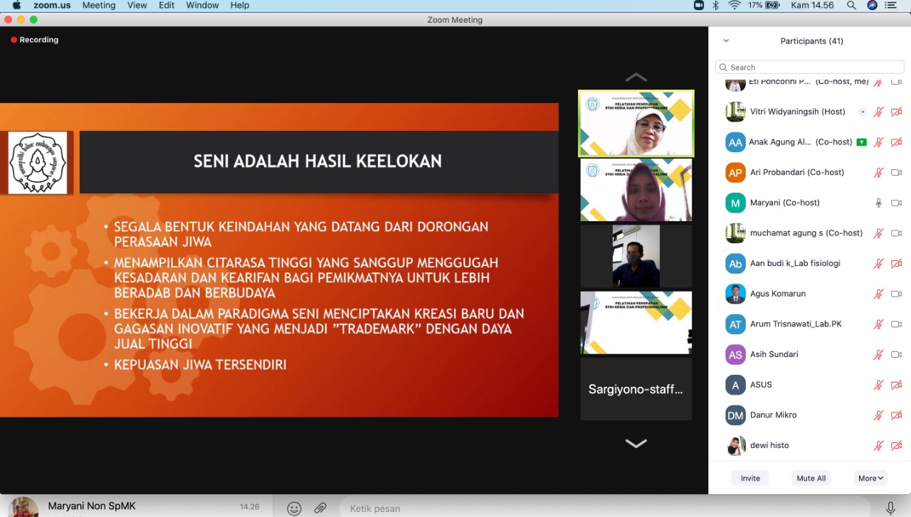 Pelatihan daring etos kerja dan profesionalisme tenaga kependidikan Prodi S1 Kedokteran UNS, tanggal 16 September 2021